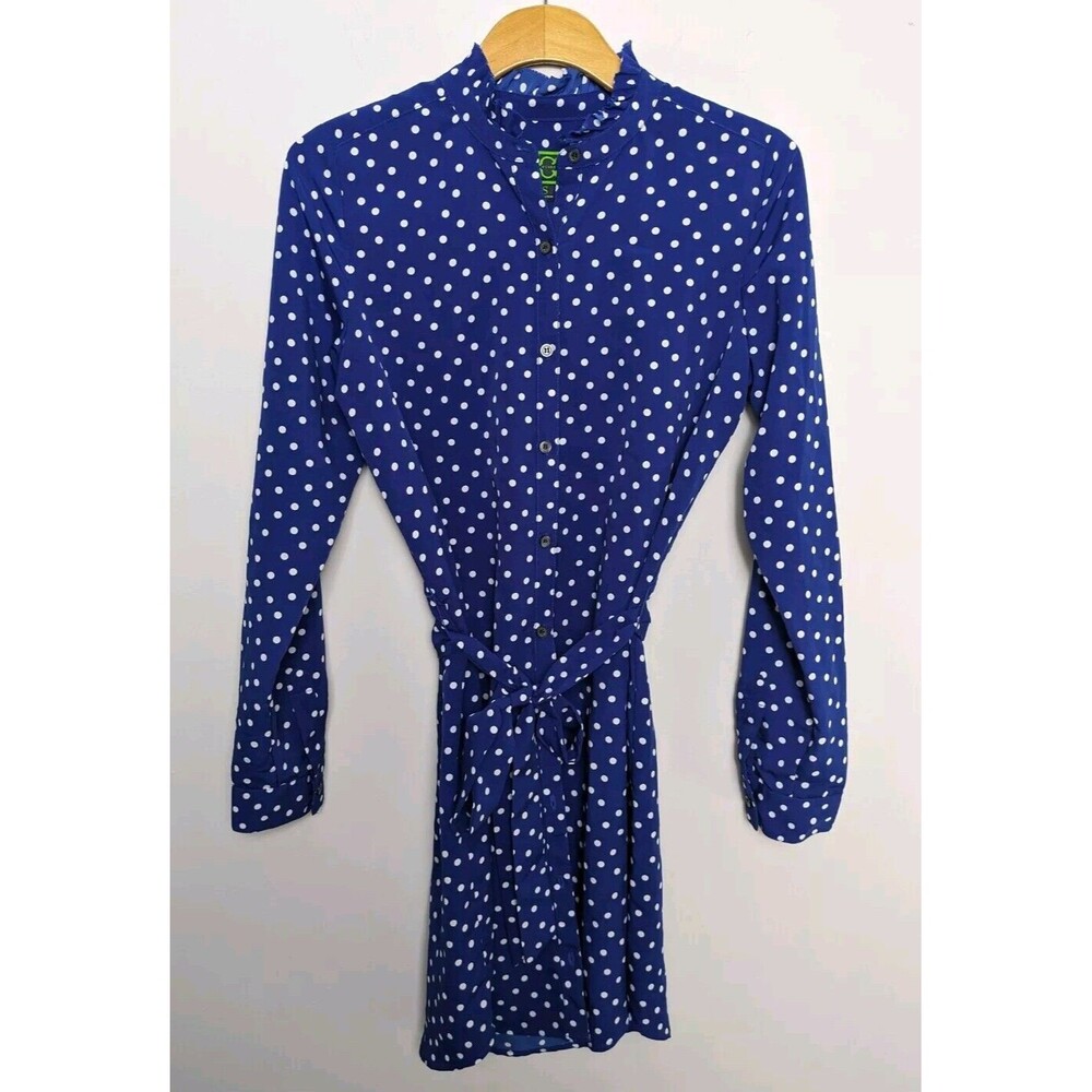 C Wonder Christian Siriano Ruffle Collar Blue White Polka Dot Shirt Dress SZ S